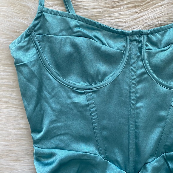 PrettyLittleThing Teal Light Blue Satin Sleeveless Corset Ruched Bodycon Dress - Picture 5 of 12